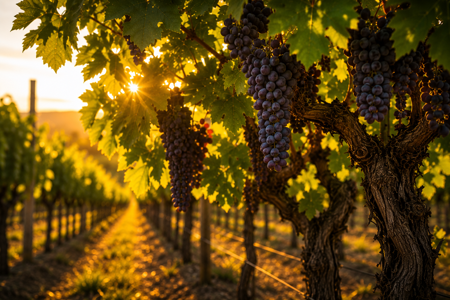 Mature grapevine reaching toward sunlight in vineyard
