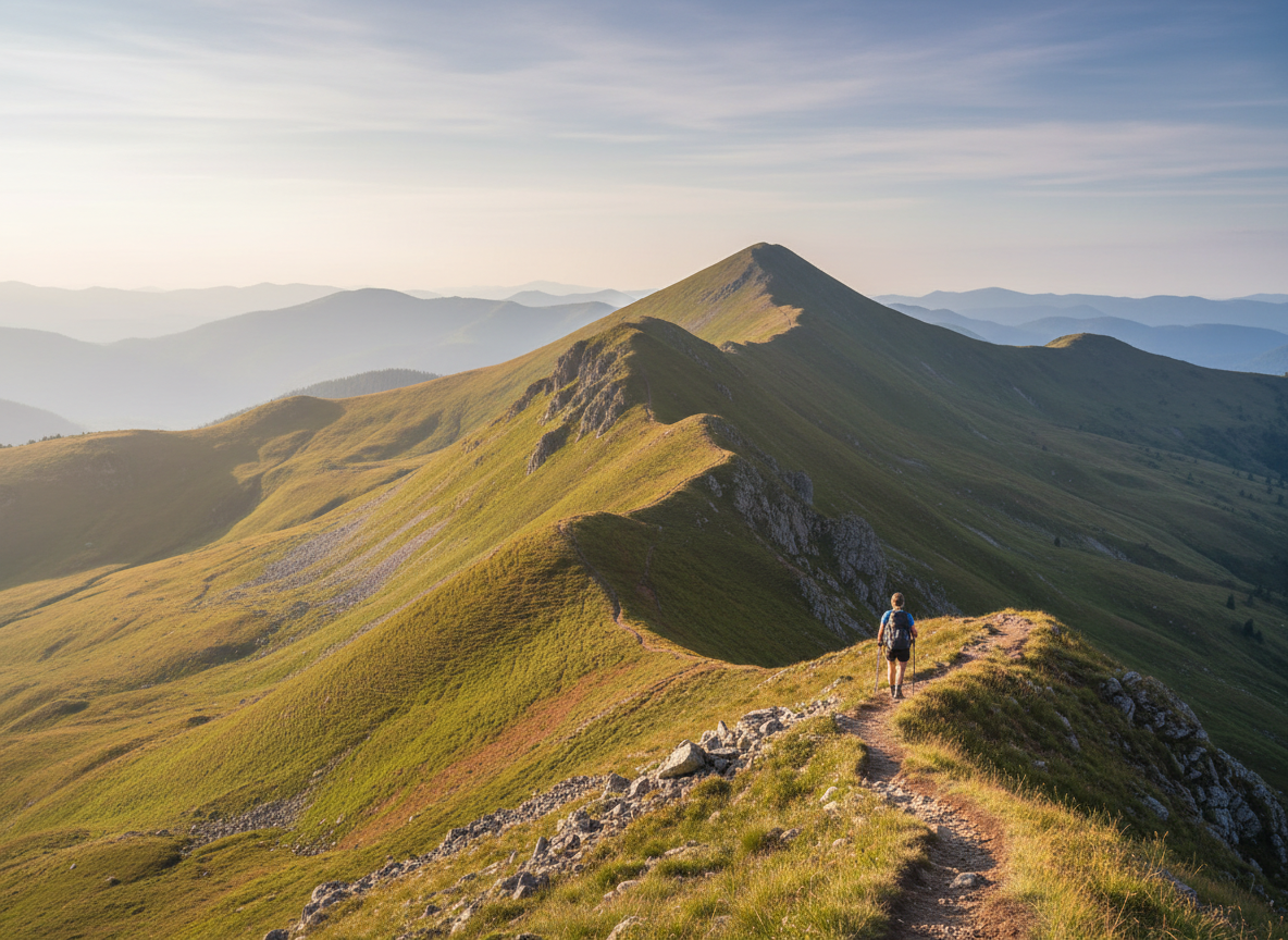 A calm, spacious banner-style photo of a person hiking a narrow single-track trail high in the mountains, with the hiker positioned even closer to the distant horizon so they appear smaller and further away in the scene. The surrounding landscape is a bit greener than the current image, with soft natural greens and warm earth tones, lots of negative space for overlaid text, and an uplifting, reflective mood suitable for a personal coaching hero section.