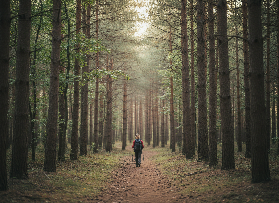 Realistic, photographic banner-style image for a hero cover: a woman hiking alone on a narrow single forest trail, seen from behind with her back to the viewer. Keep the same overall forest look as the current image with only tall trees and trunks around the path (no shrubs, no ferns), natural lighting, clear and not blurry, calm but grounded mood, and plenty of negative space for overlaid text. The key change: make the hiker noticeably smaller and further away in the distance on the path than in the current image.