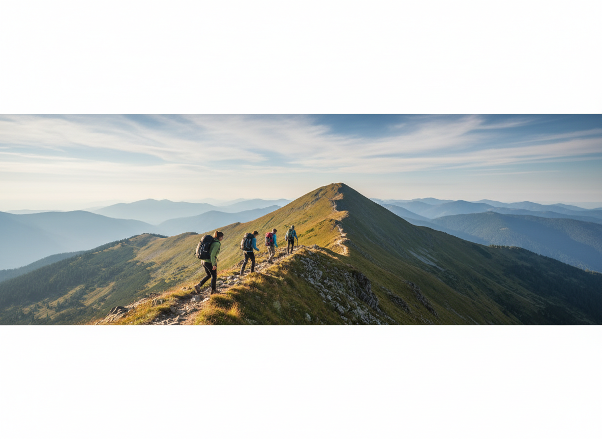 Wide, realistic landscape banner for a professional life coaching website: clear side view of a small group of hikers on a mountain ridgeline, moving distinctly uphill on a noticeably upward-sloping ridge toward a visible summit ahead. Emphasis on the upward angle of the trail and hikers’ bodies leaning into the climb, with the ridge line leading the eye up toward the peak. Expansive sky, distant mountains softly in the background, natural muted colors, no text, composed to work as a 160px-high full-width header strip.