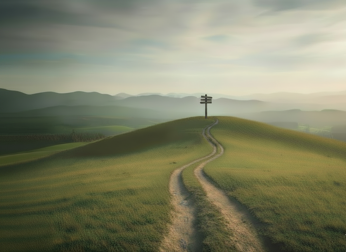 Realistic wide-angle landscape banner for a life coaching contact page. Gentle grassy hill with a single path that comes up and then splits/crosses, under soft natural light with a calm, hopeful mood. In the mid-distance there is an ancient, weathered wooden signpost, but it should be VERY small in the frame — clearly much smaller than before, about one third of the previous size, so it does not dominate the banner. The top of the post is well below the horizon and clearly below the center of the image, and the overall signpost (post and boards) is slim and modest. Signs/arrows are unreadable, just simple boards and arrows. Subtle distant landscape or mountains in the background. Composition must work as a full-width website banner cropped to about 160px height, with the tiny signpost still visible but unobtrusive.