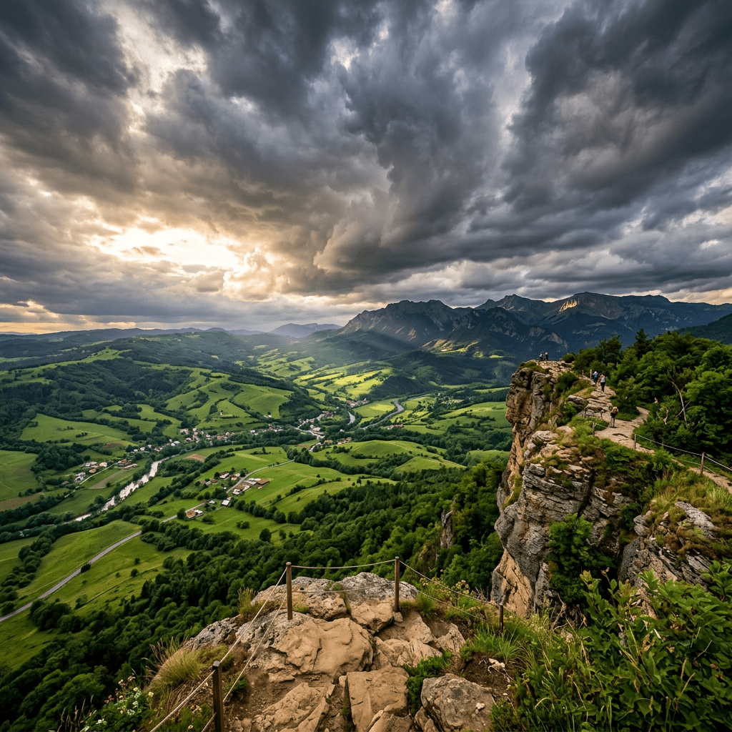 Mountain ridge with people hiking and a green valley below under cloudy sky